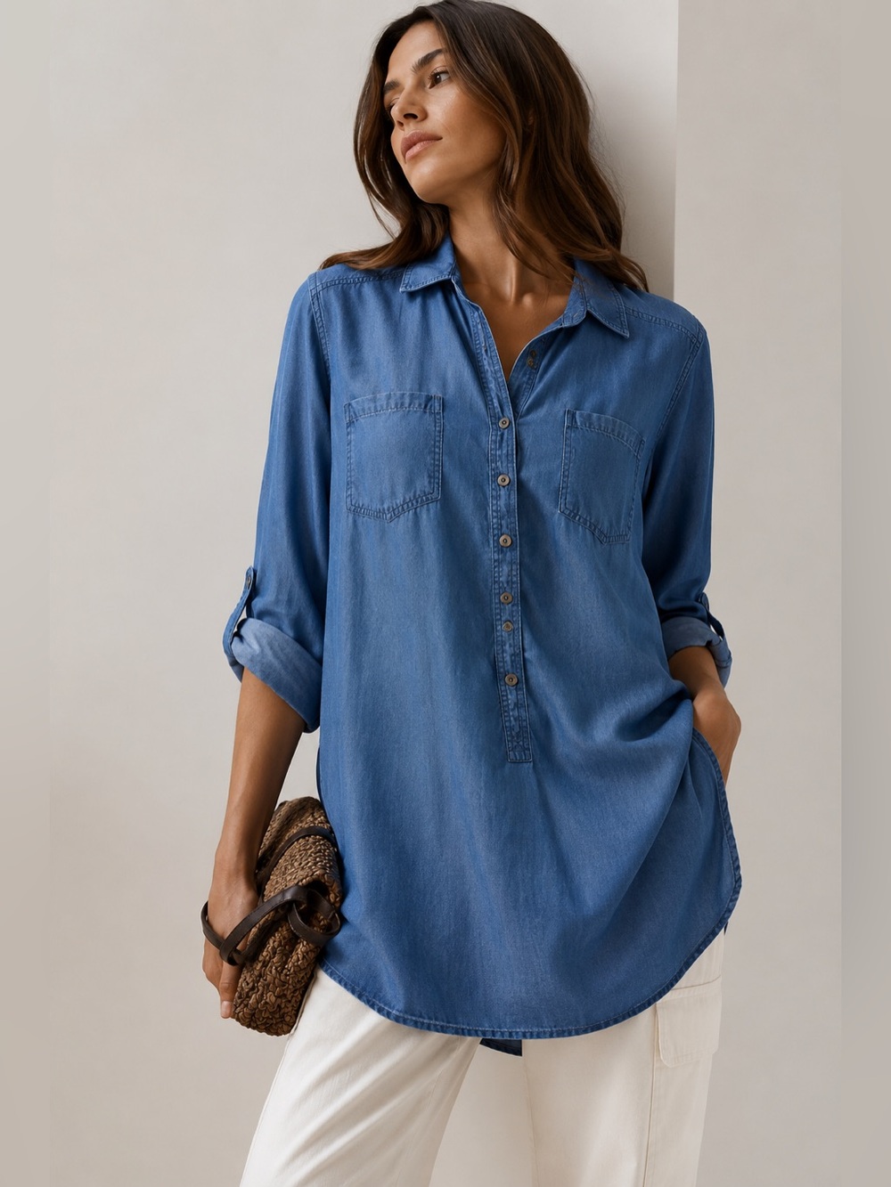 Olsen 100% Lyocell Chambray Tunic Shirt Dress Top | Roll Tab Sleeves | M - Picture 9 of 9